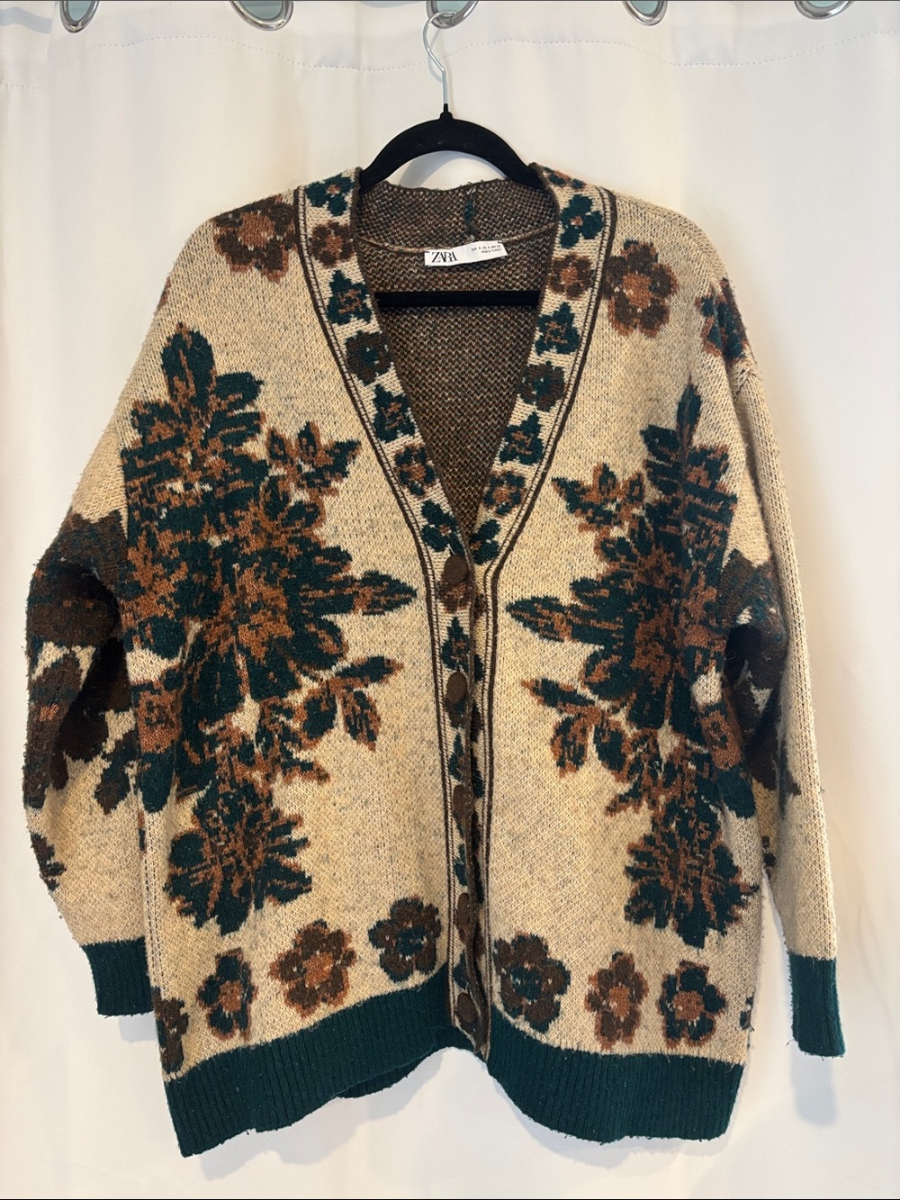 Zara Cream Cardigan with Green and Brown Floral Jacquard